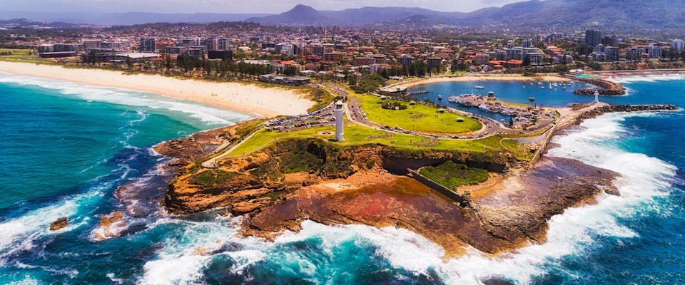 Aerial view of Wollongong lighthouse headland and beaches